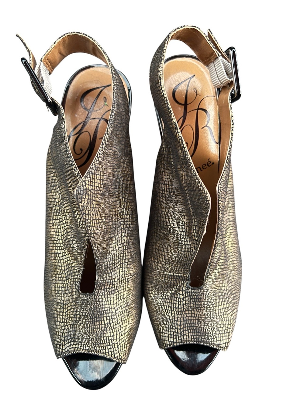 J.Renee Metallic Gold Peep-Toe Slingback Heels with Textured Lizard Print